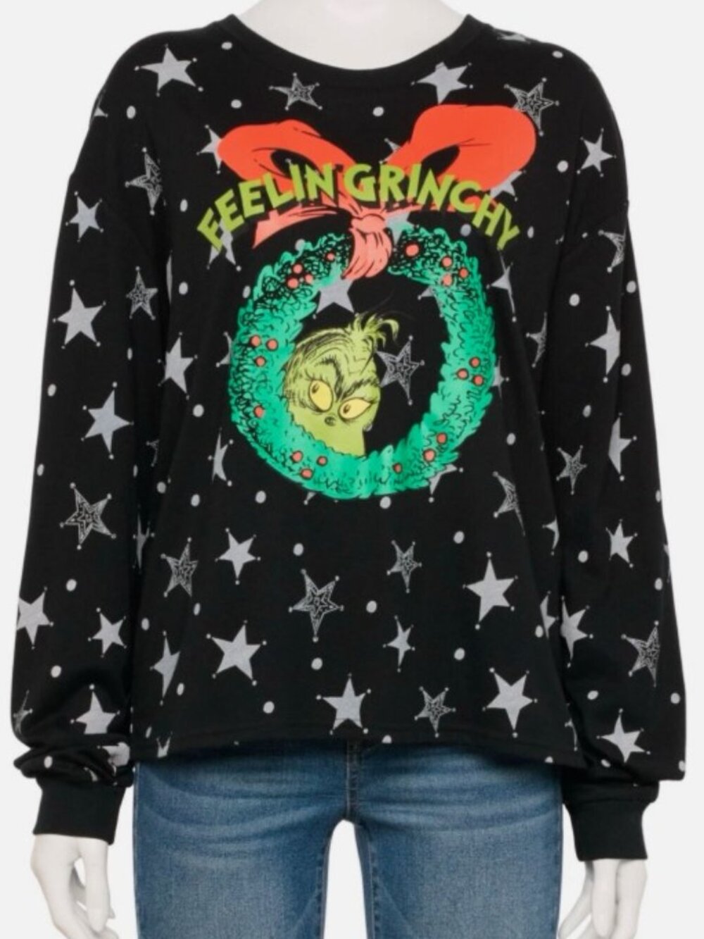 Feelin Grinchy Wreath Star Graphic Black Long Sleeve Tee Women NWT Large